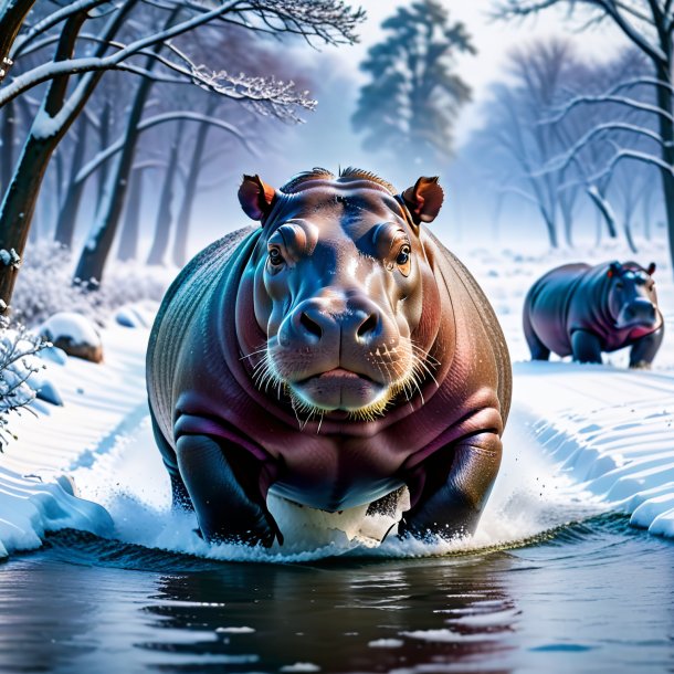 Pic of a swimming of a hippopotamus in the snow