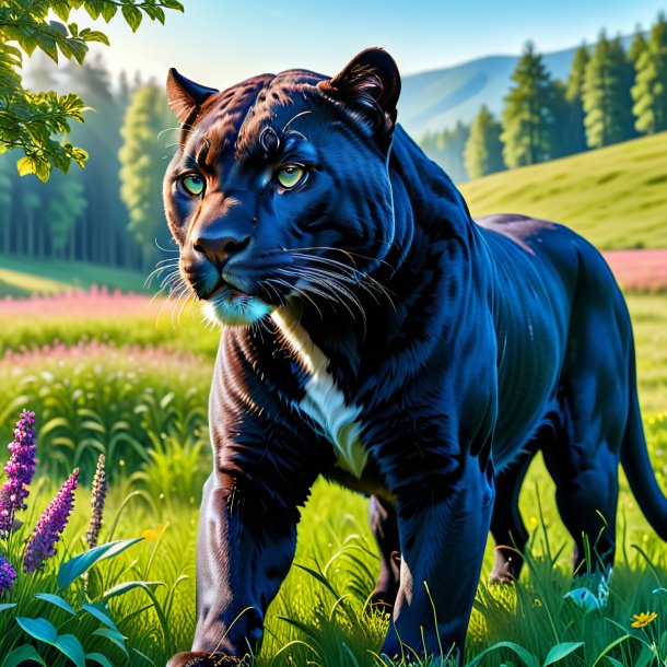 Photo of a panther in a jeans in the meadow