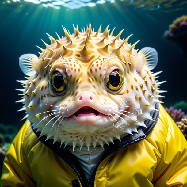 Photo of a pufferfish in a yellow jacket