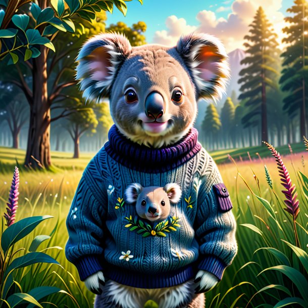 Illustration d'un koala dans un pull dans la prairie