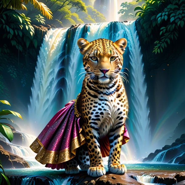 Illustration of a leopard in a skirt in the waterfall