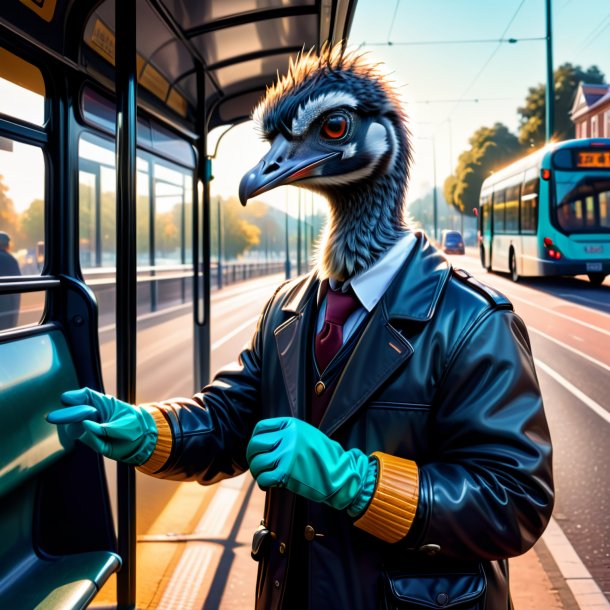 Illustration of a emu in a gloves on the bus stop