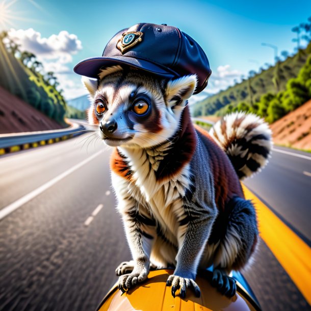 Pic of a lemur in a cap on the highway