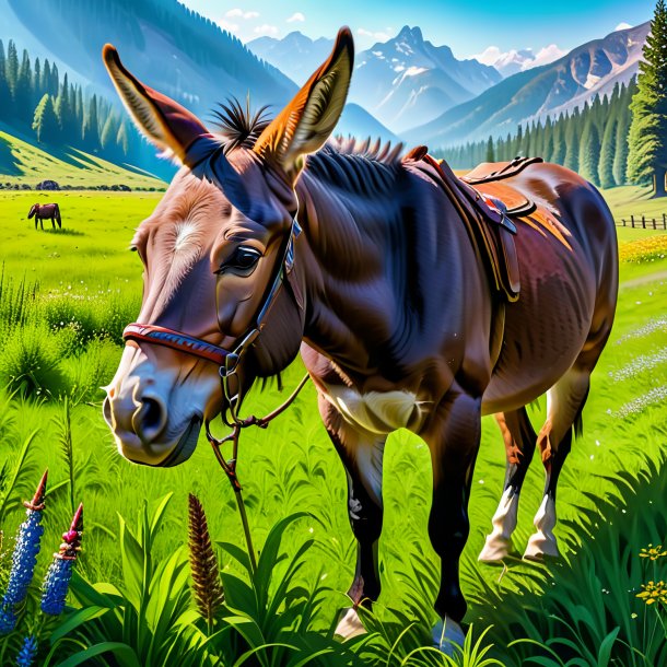 Image of a eating of a mule in the meadow