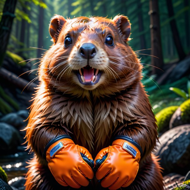 Pic of a beaver in a orange gloves