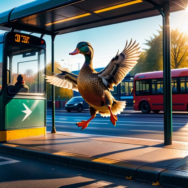 Photo of a jumping of a duck on the bus stop