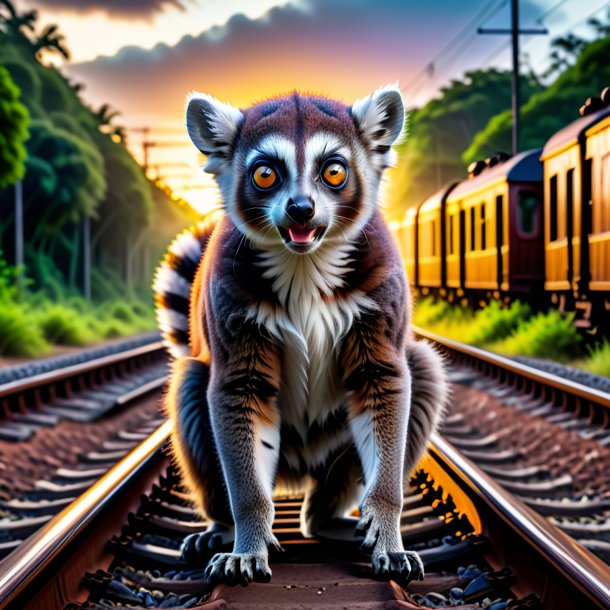 Picture of a threatening of a lemur on the railway tracks