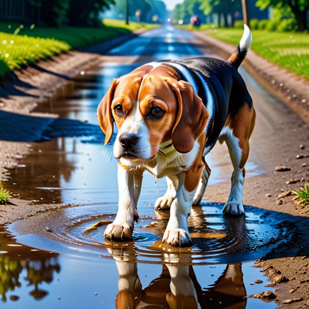 Image of a drinking of a beagle in the puddle