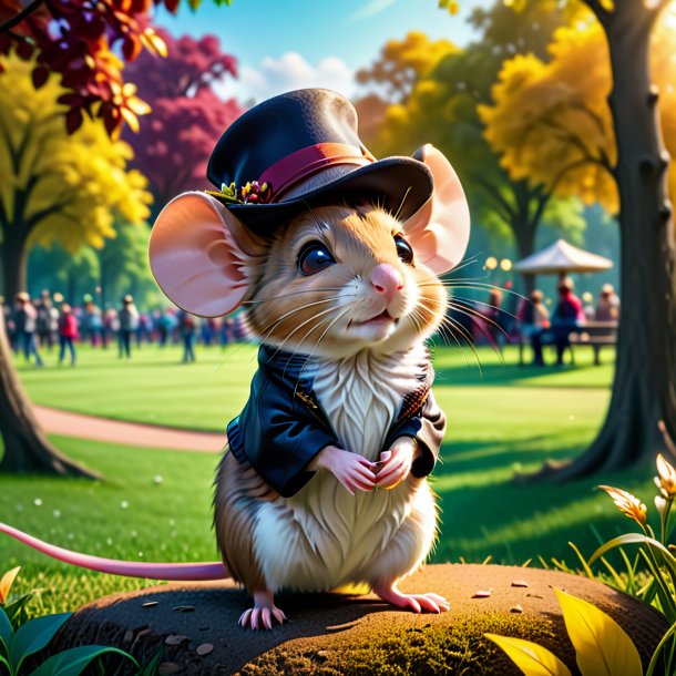 Image of a mouse in a hat in the park