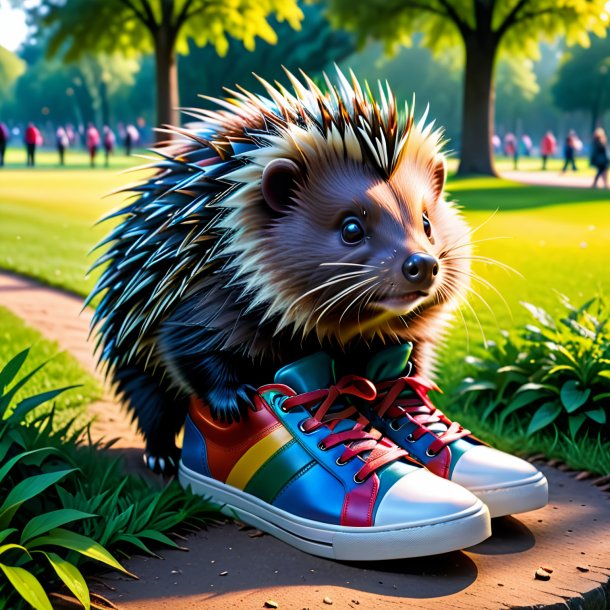 Image of a porcupine in a shoes in the park