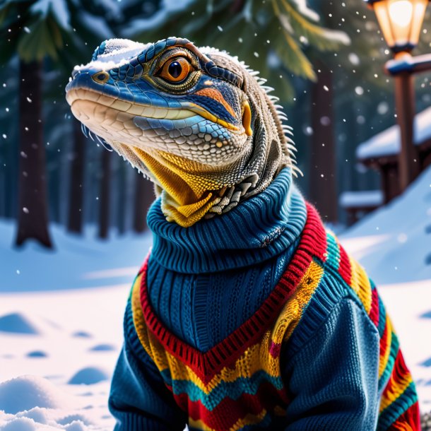 Photo of a monitor lizard in a sweater in the snow