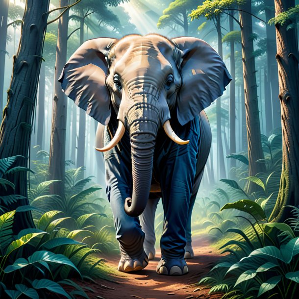 Ilustración de un elefante en un jeans en el bosque