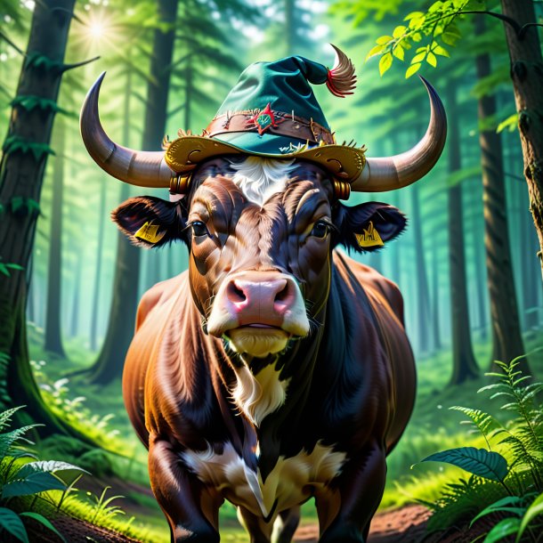 Picture of a bull in a hat in the forest