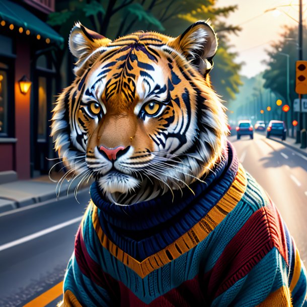 Dessin d'un tigre dans un pull sur la route