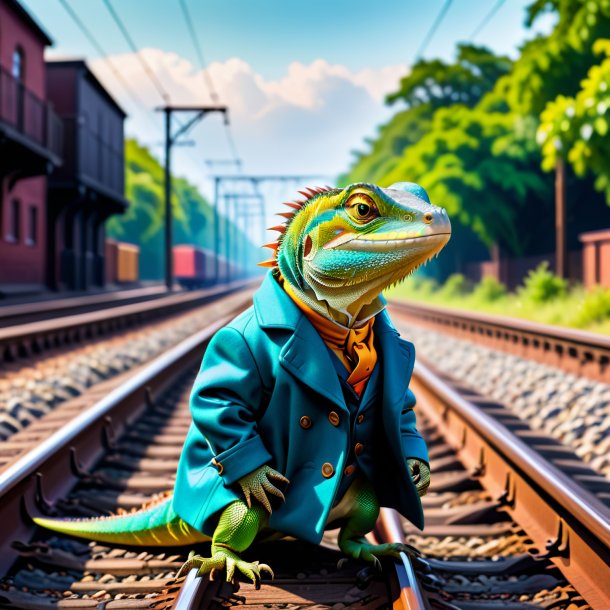 Foto de um lagarto em um casaco nos trilhos ferroviários