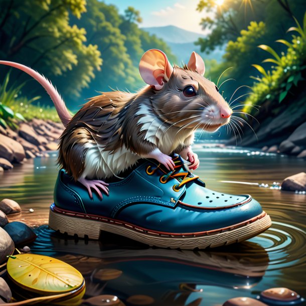 Ilustración de una rata en un zapato en el río