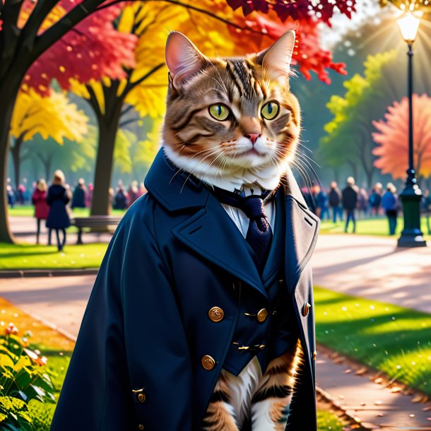 Photo of a cat in a coat in the park