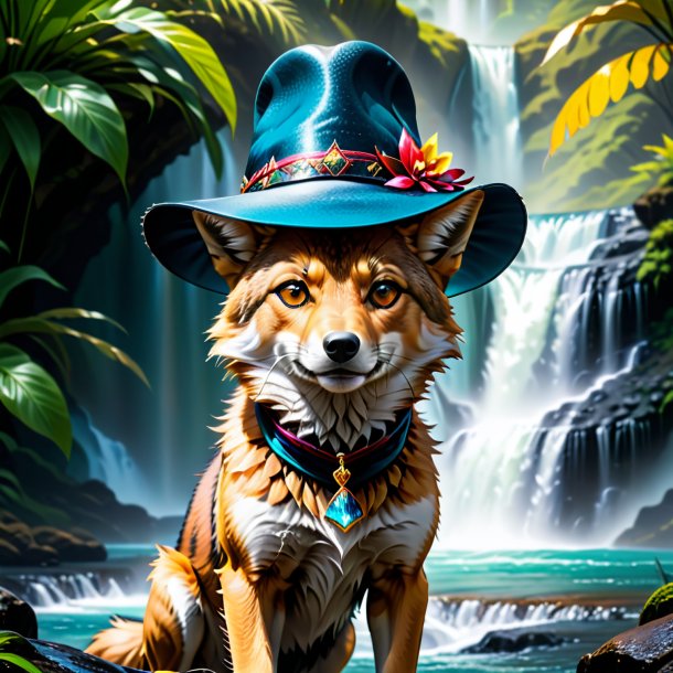 Picture of a jackal in a hat in the waterfall