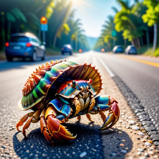 Pic of a hermit crab in a vest on the road