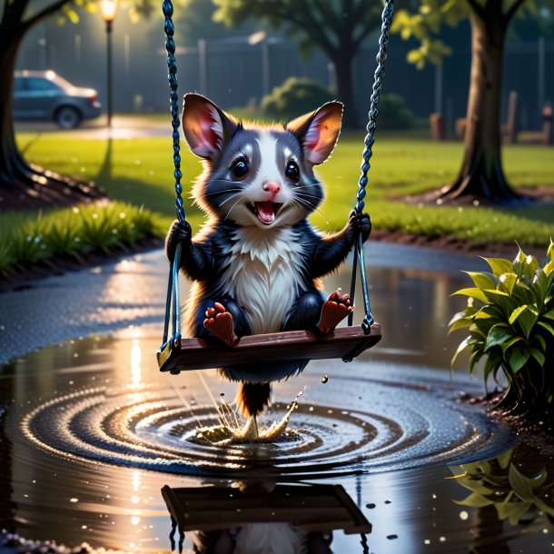 Pic of a swinging on a swing of a possum in the puddle