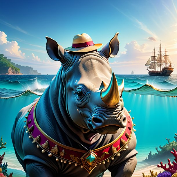 Drawing of a rhinoceros in a hat in the sea