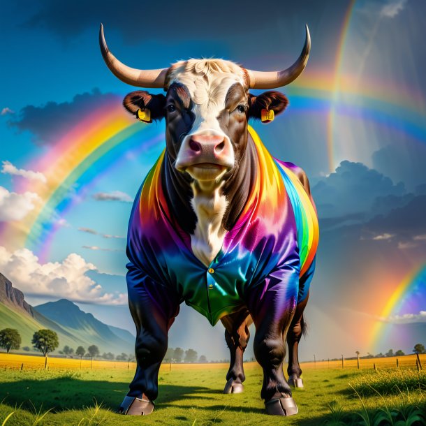 Photo of a bull in a trousers on the rainbow