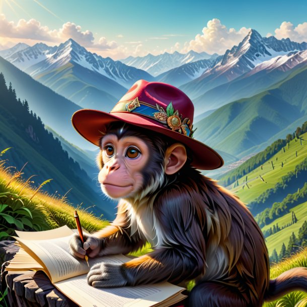 Drawing of a monkey in a hat in the mountains