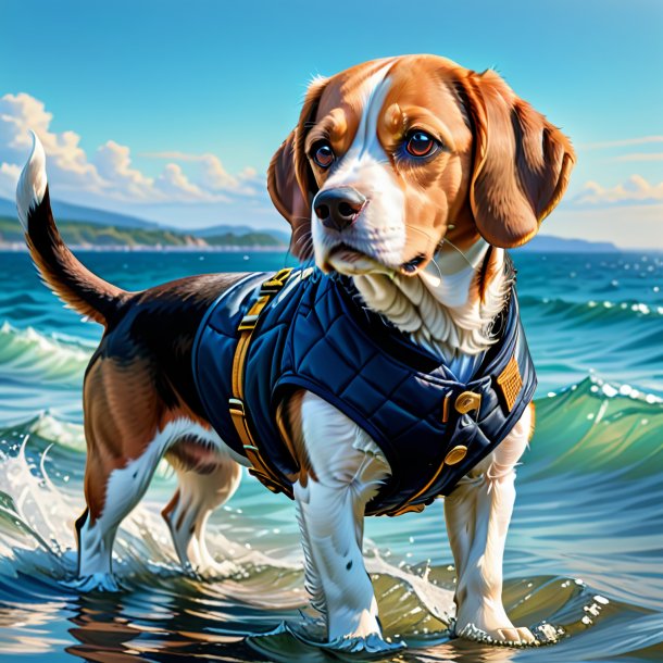 Desenho de um beagle em um colete no mar