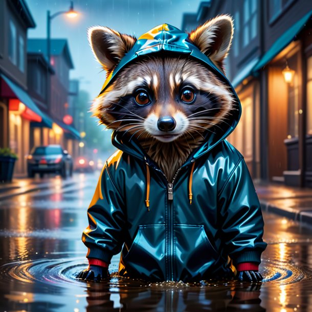 Image of a raccoon in a hoodie in the puddle