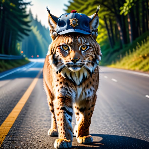 Image d'un lynx dans une casquette sur la route