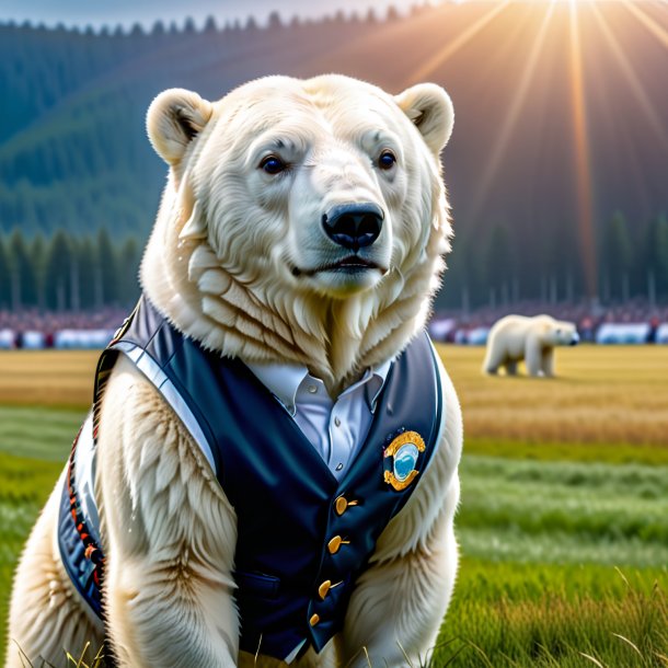 Pic of a polar bear in a vest on the field