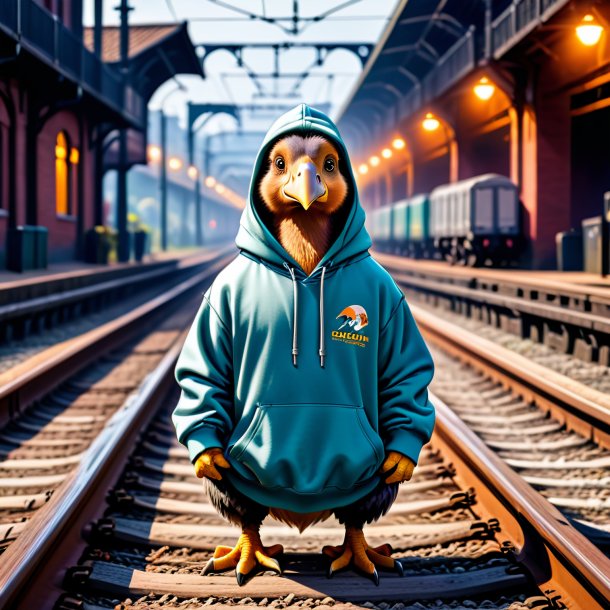 Photo d'un dodo dans un sweat à capuche sur les voies ferrées