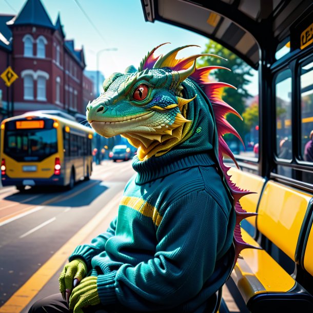 Pic of a basilisk in a sweater on the bus stop