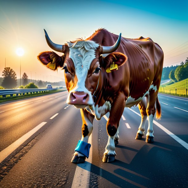 Picture of a cow in a gloves on the highway