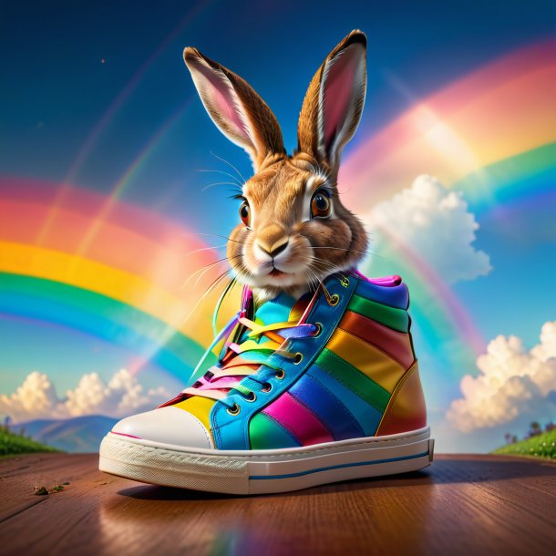 Image of a hare in a shoes on the rainbow