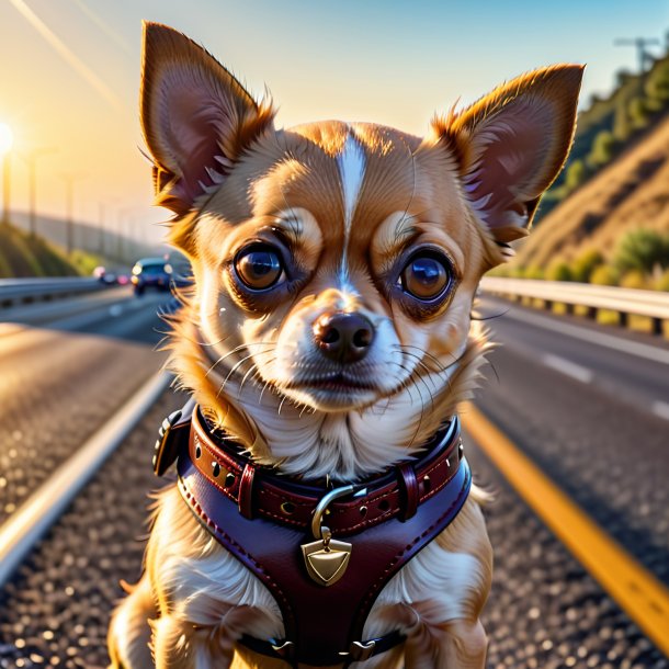 Imagen de un chihuahua en un cinturón en la carretera