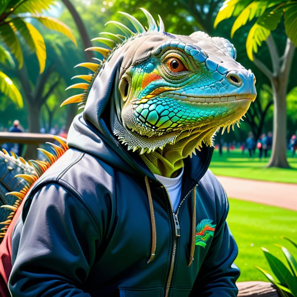 Desenho de uma iguana em um hoodie no parque