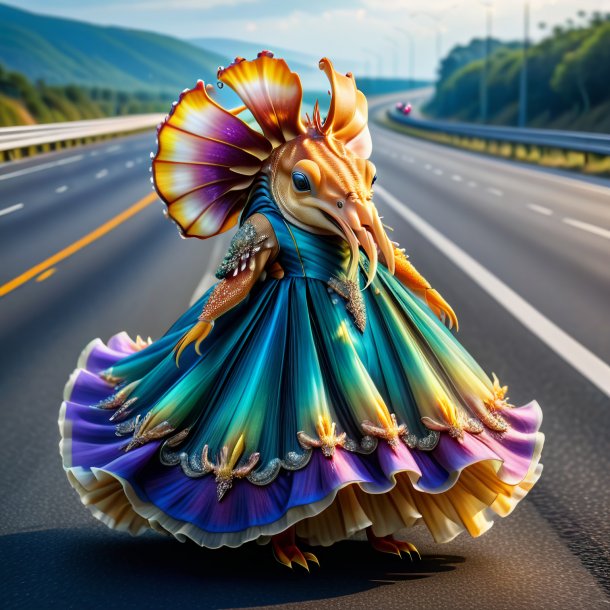 Imagen de una sepia en un vestido en la carretera