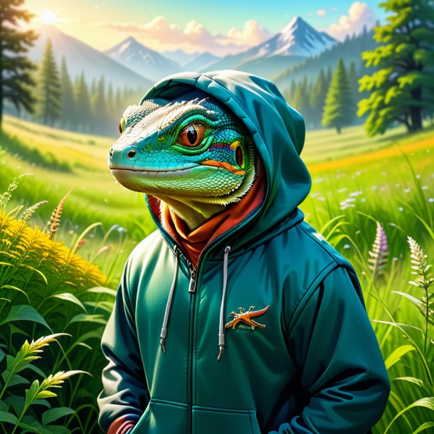 Illustration of a lizard in a hoodie in the meadow