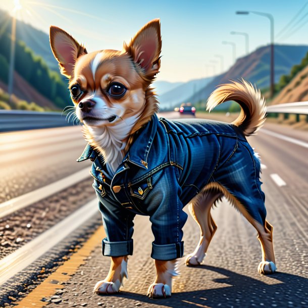 Desenho de um chihuahua em um jeans na estrada