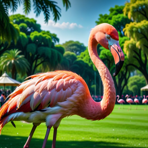 Image of a crying of a flamingo in the park