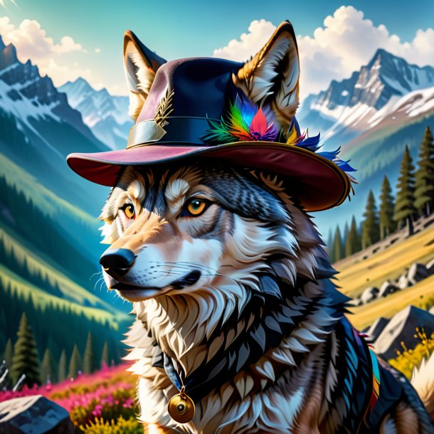 Pic of a wolf in a hat in the mountains