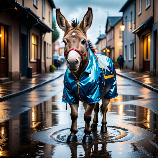 Image of a donkey in a jacket in the puddle