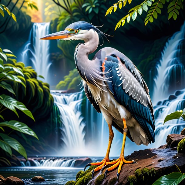 Image of a heron in a gloves in the waterfall