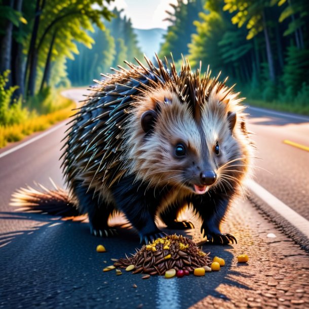 Foto de um comer de um porco-espinho na estrada