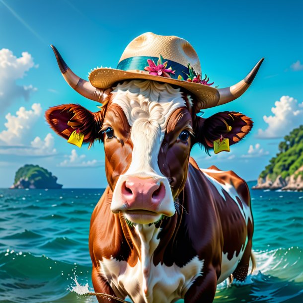 Pic d'une vache dans un chapeau dans la mer