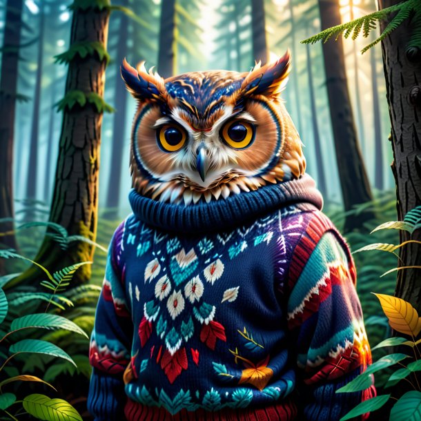 Picture of a owl in a sweater in the forest