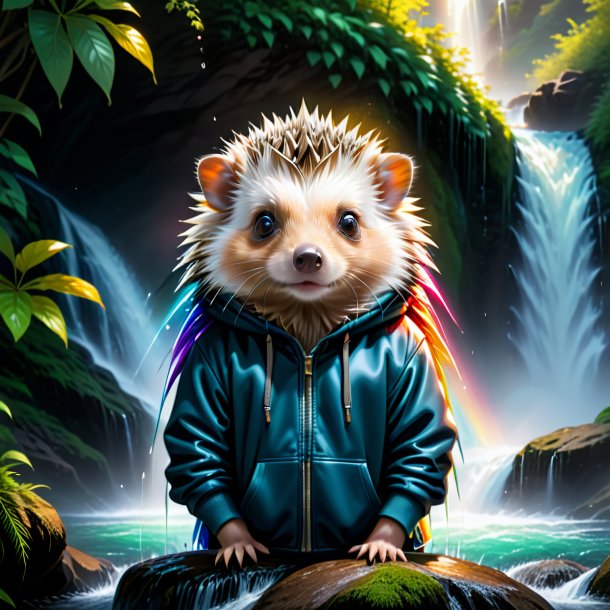 Drawing of a hedgehog in a hoodie in the waterfall