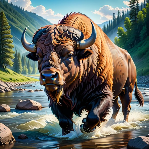 Illustration of a bison in a belt in the river