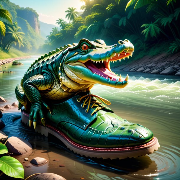 Ilustração de um crocodilo em um sapato no rio